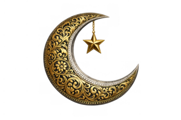 Golden crescent moon and star symbol with intricate carving, representing islamic tradition, ramadan, and eid celebrations
