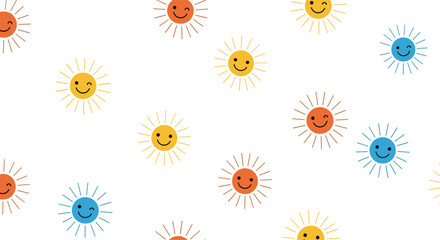 Fototapeta premium A cheerful seamless pattern with cute and colorful smiling sun characters scattered on a simple white background for kids.