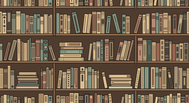 A seamless background pattern of a cozy library or bookstore with bookshelves completely filled with old vintage books.