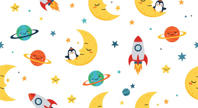 A cute and seamless outer space pattern with sleeping penguins on the moon rockets and smiling planets for children.