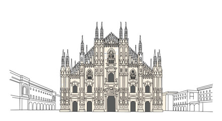Obraz premium A detailed architectural sketch of the famous Milan Cathedral Duomo di Milano in Italy with its intricate gothic spires.