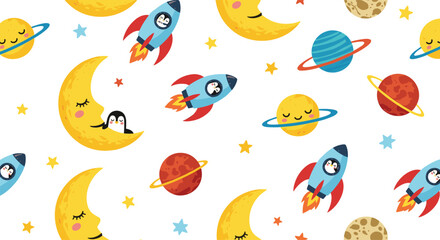 Obraz premium A cute and whimsical seamless nursery pattern featuring penguins sleeping on crescent moons with rockets planets and stars.