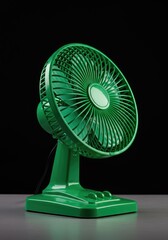 A vibrant, bright green electric desktop fan generating a refreshing breeze on a warm summer day, providing essential indoor comfort ,rotating ,fresh air ,heat