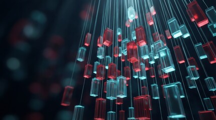 a mesmerizing abstract depiction of a digital data stream composed of glowing rectangular blocks in shades of red and cyan descending into darkness