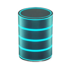 Futuristic 3D neon cylinder glowing cyan, transparent holographic edges.