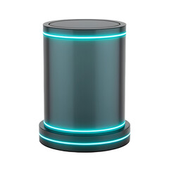 Futuristic 3D neon cylinder glowing cyan, transparent holographic edges.