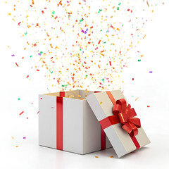 Modern 3D white gift box with red ribbon, lid slightly lifted, minimal design.