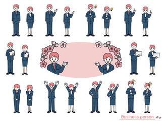 Business people with cherry blossoms - Spring recruitment and onboarding pose set