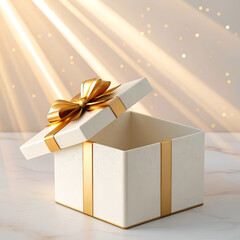 Elegant white gift box with gold ribbon and bow, warm light glowing inside.