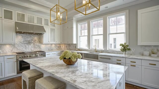 Modern kitchen with marble countertops and elegant lighting fixtures.