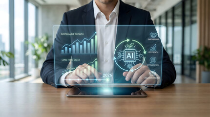 Digital tablet interface showing 2026 sustainable growth and ESG performance metrics used by businessman
