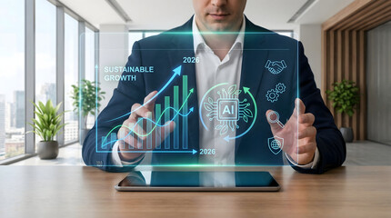 Businessman analyzing sustainable growth 2026 data on futuristic holographic interface with AI and ESG icons