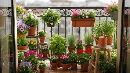 Obraz premium A lush display of blooming flowers and green plants in clay pots arranged on a small city balcony