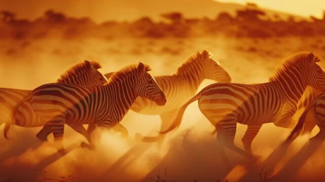 Multiple majestic zebras sprint vigorously through the parched grasslands of the African savanna at dusk, creating a cloud of dust.