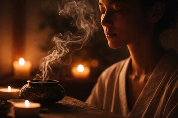 Woman Meditating with Incense Smoke in Candlelit Relaxation and Spiritual Setting.