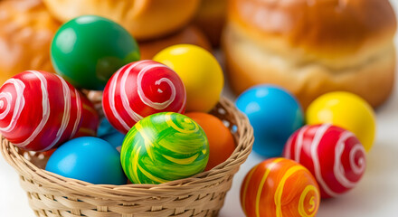 Fototapeta premium Colorful easter eggs in a woven basket with bread