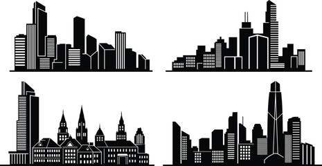 Obraz premium Collection, of, black, urban, city, skyline, silhouettes, featuring, modern, skyscrapers, metropolitan, buildings, and, architectural, landmarks, for, business, and, travel, design.