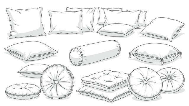 Large set of assorted pillows and cushions including square, round, and bolster shapes illustrated in a clean line art style.