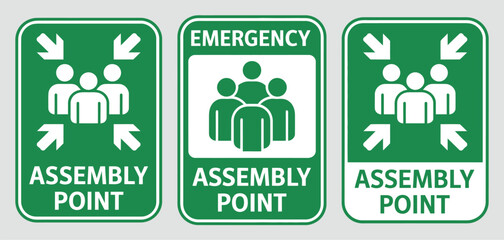 Assembly point sign emergency symbol, evacuation meeting location icon, safety instruction printable poster, clear guidance graphic, vector illustration template design.
