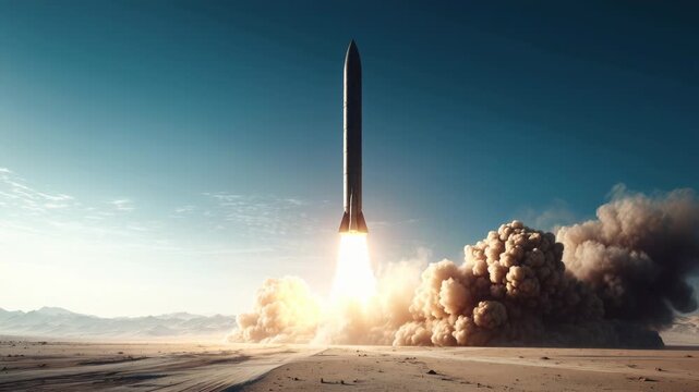 Vertical rocket liftoff desert dust plume