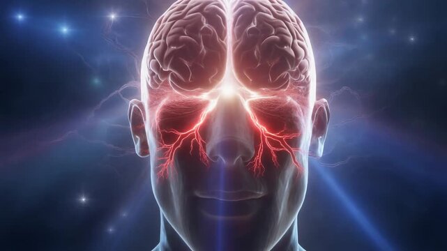 A surreal depiction of a human head with brain and heart visualization.
