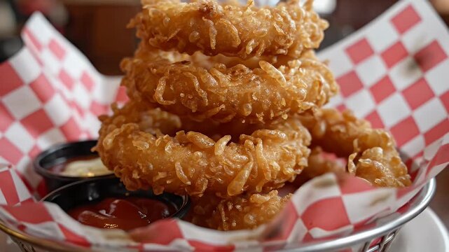 A tall stack of crispy fried onion rings served with dipping sauces
