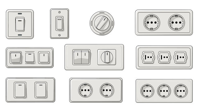 Collection of modern white electrical wall switches and power socket outlets for residential or commercial interior design.