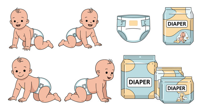 Cute cartoon babies crawling in diapers with various diaper pack sizes and individual diaper illustration set on white.