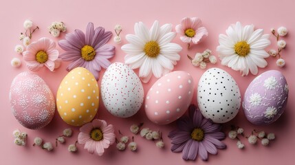 Colorful easter eggs with spring flowers arranged on pink and white background for festive holiday celebration and seasonal decoration concept