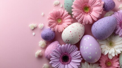 Colorful easter eggs with spring flowers arranged on pink and white background for festive holiday celebration and seasonal decoration concept
