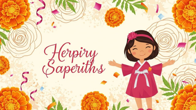 Cute girl in traditional Korean hanbok surrounded by marigolds and confetti celebrating a happy event with festive floral background