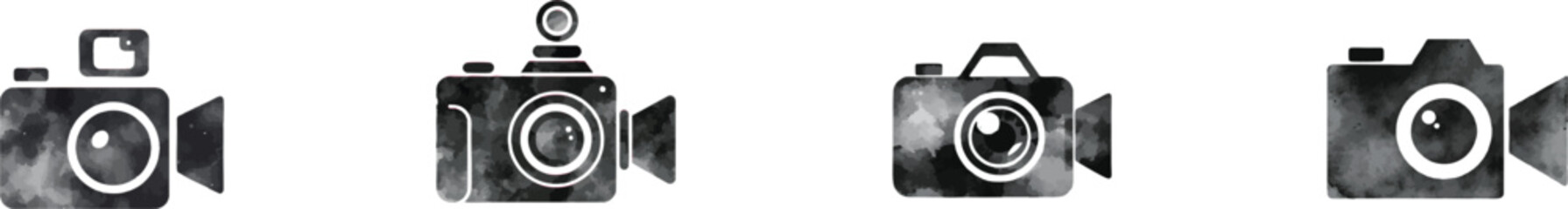 Watercolor set minimalist black and white icon of a video camera with a lens and a light on top. Isolated on white background