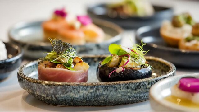 Gourmet canapes on ceramic serving dish