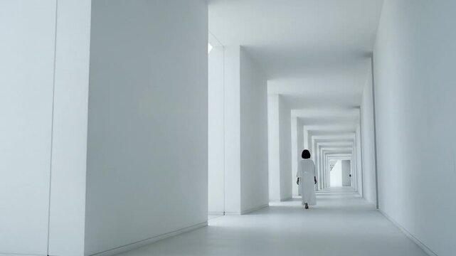 Mysterious person in a white robe walking through an endless, minimalist white hallway with multiple receding doorways, conveying a sense of exploration and contemplation.