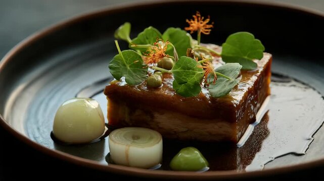 Glazed pork belly garnished with microgreens and pickled shallots