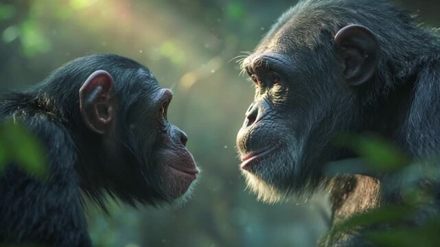 Two chimpanzees share an endearing moment, with one playfully sticking out its tongue towards the other in the forest.