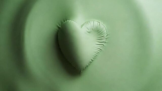 Close-up of a translucent white skeleton leaf cut into a heart shape standing upright against a solid green background, symbolizing fragile or eternal love.