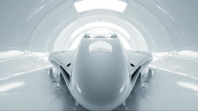 Futuristic aerodynamic aircraft nose inside glossy white tunnel