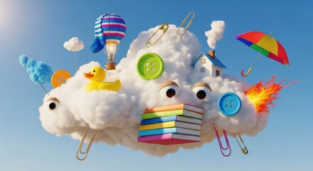 Fototapeta premium Whimsical cloud formation with assorted objects floating amidst a serene blue sky, viewed from a slightly elevated perspective.