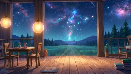 Naklejka premium ゲーム背景 冒険者の宿屋のホールから見える地平線の風景