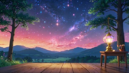 ゲーム背景　美しい夕暮れと夜空が見えるテラス席とランプがある風景