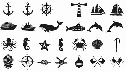 Nautical Icons Collection Sea Life and Marine Objects. © Suci