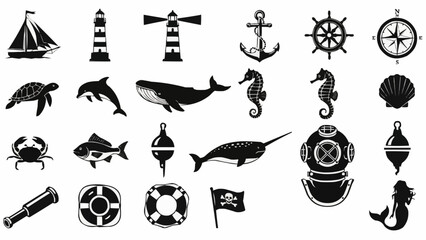 Nautical Icons Collection Sea Life and Maritime Symbols. © Suci