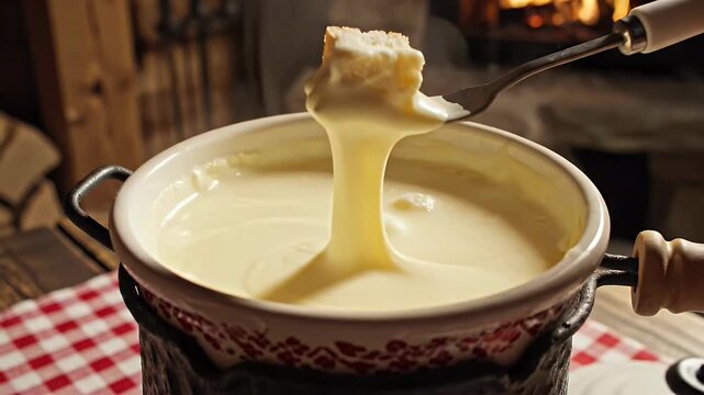 Cheese fondue pot being dipped into with bread on a fork