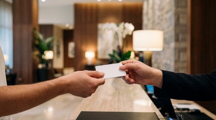 Guest Handing Key Card to Hotel Receptionist at Counter.