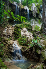 Scenic small waterfall cascading over limestone rocks covered with green moss in a lush tropical forest. Tranquil natural landscape with flowing water stream and dense jungle vegetation.