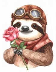 Obraz premium A charming sloth in aviator goggles holds a pink rose, exuding sweetness and whimsy in a colorful illustration.