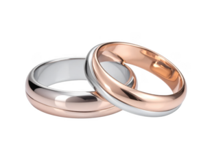 Two intertwined wedding rings made of rose gold and silver,white background.