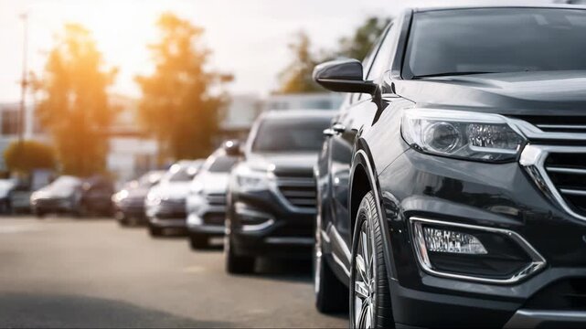 Row of modern SUVs parked at car dealership with sun flare