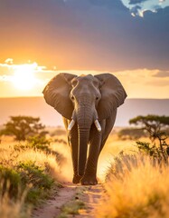 Obraz premium A majestic elephant walks towards the camera on a dirt path in a savannah at sunset